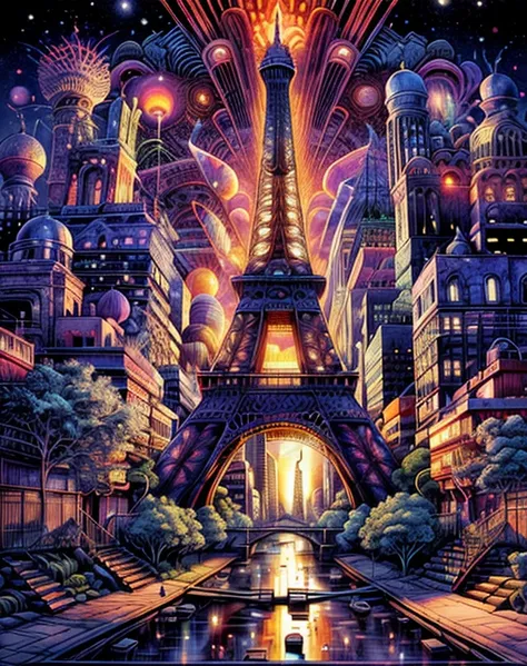 Imagine a Lang woodcut papyrus relief depicting a cyber-surreal interpretation of the Eiffel Tower and the surrounding Parisian cityscape. The relief is set against a backdrop suffused with the warm, golden radiance of the golden hour just before sunset.

...