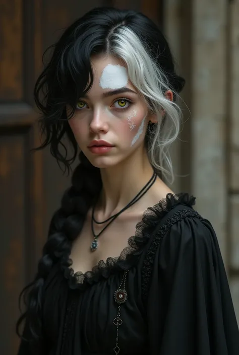 Girl with piebaldism, black and white hair with a streak of white hair and a white spot running across his face, realistic image.. high resolution image, woman in medieval clothes. black dress. 
Long hair below the hips. Eyes one green and one yellow