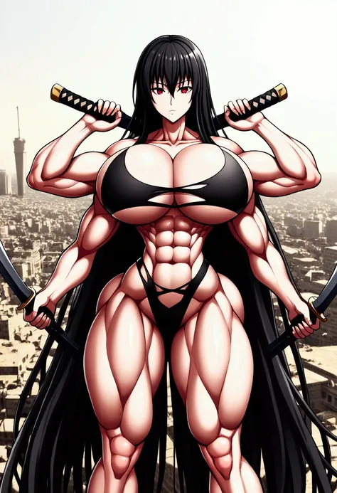 huge breasts, huge ass, huge legs, wide hips, small waist, four arms, muscular physique, very long black hair with black,red eye...