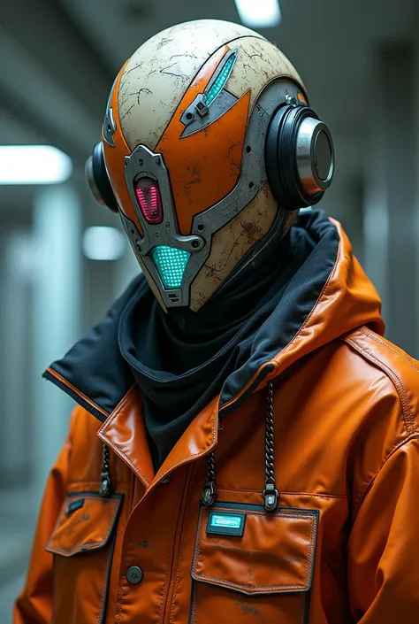 1. Mask/Helmet Shape and Style: Given the futuristic context with 80s aesthetics/90, the mask can have an angular and geometric design, reminiscent of motorcycle helmets or protective gear from that era. She may have a neon display, like a LED screen, that...