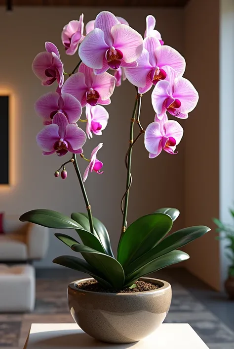 "A stunning orchid, worthy of exhibition, is showcased in full bloom. Its elegant, arching stems are covered in large, vibrant flowers with delicate petals in shades of pink, purple, and white, each perfectly symmetrical and radiant. The leaves are a rich ...