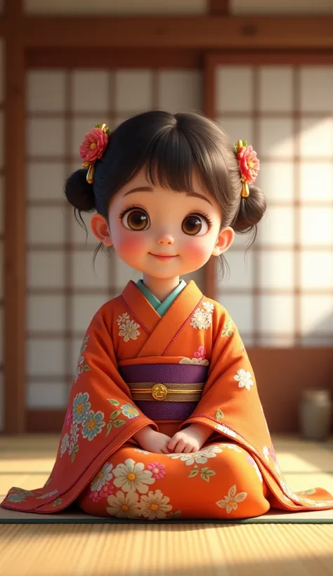 A young girl(about 2-years old) , dressed in a vibrant kimono, sit upright on a tatami mat in a traditional Japanese room. She is looking directly at the viewer with a friendly smile, as if telling a story. Soft natural light illuminates the room, casting ...