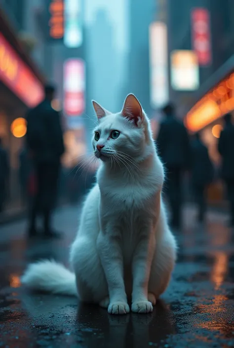 Photo of a night white  cat with black eyes standing in the city among people 