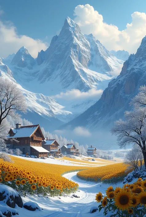 Mobile wallpaper showing ice covered mountains an old village with sunflower fields in front