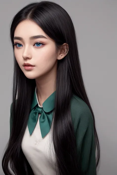 hair colour: black
eye colour: light blue
nose shape: small
eye shape: almond eye
face shape: oval-Round Light white skin 
eyebrows: black
jawline: black. Young woman is wearing Slytherin uniform and Hogwarts is in the background