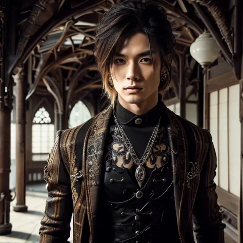 1 man, male, Japanese man, Visual Kai hairstyle, ultra detailed face and body, hyperrealistic, realistic representation, muscular, broad shoulders, tattoos gothic style, piercings, Visual Kei style, hairstyle Visual Kei, blond, long hair, 30 years old, age...