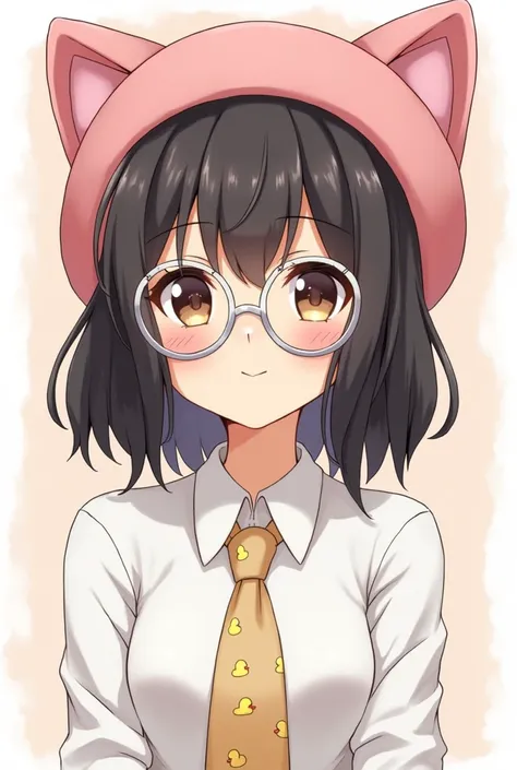 I would like you to create an image with the same anime style as this one, but with the following conditions:。
1。Single Girl。
2。Hair is shoulder length。Her hair is black, but her bangs are blonde。
3。Wearing a pink cat ear hat。
4。Wearing a long-sleeved whit...