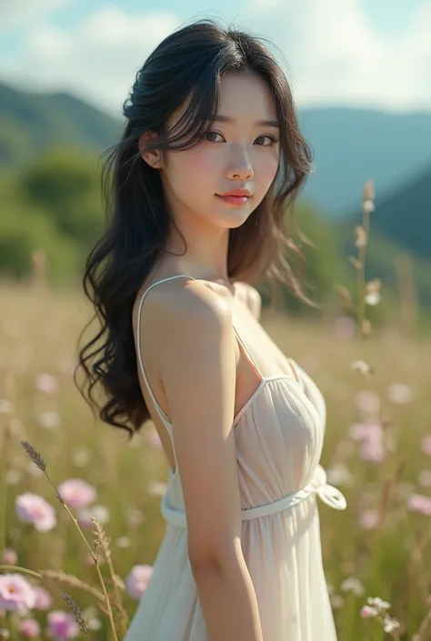 Generate 8k images，An 1 Korean girl，Beautiful and delicate face，Perfect eyes，cat eye，Small glossy lips，Huge Breasts，Oval face shape，Teardrop chest，Elegant and shiny black hair，Wearing a chiffon dress，No shoes，Flowers blooming at your feet，Perfectly proport...