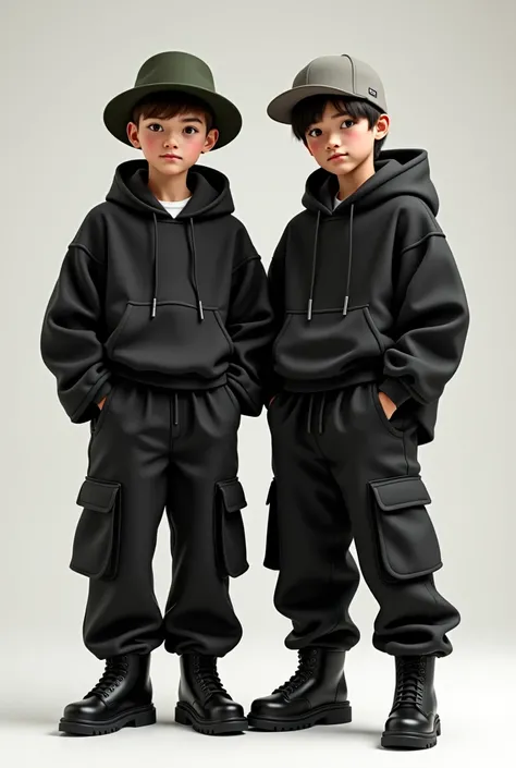 Two boys wearing full black baggy cargo pants with crop  black without hoodie jeckets and one is wearing dark olive green hat and other ine is wearing ash color hat not caps ,  black chunky shoes 