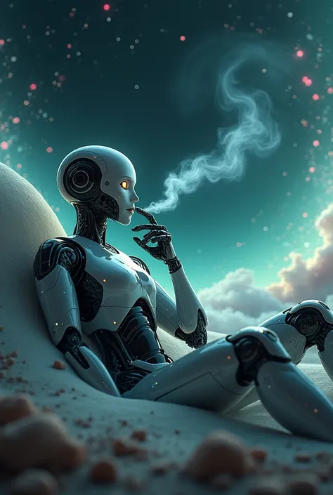 Humanoid robot sitting smoking a mint vape with a space background 