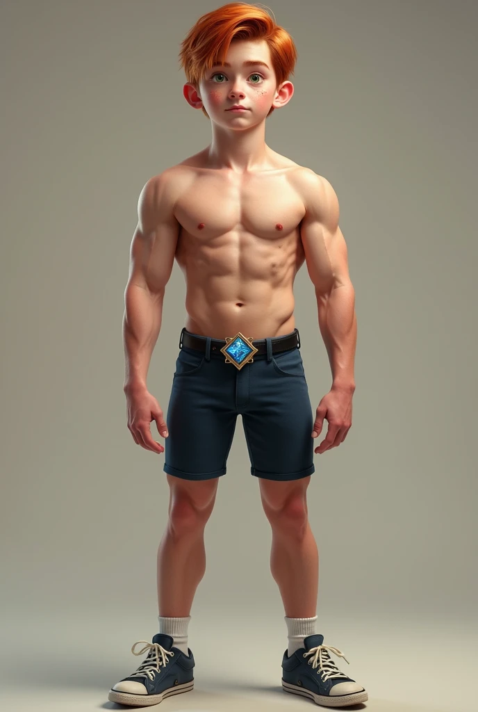 Realistic full length image of 12 yo good looking very muscular white boy with big chest floppy red hair green eyes freckles wearing a Cub scout uniform flexing muscles stretching shirt tight over his massive bulging chest pecs ripping  through his shirt w...