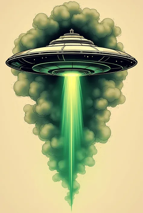 Flying saucer tattoo design with green ray of light below the saucer in old school style 