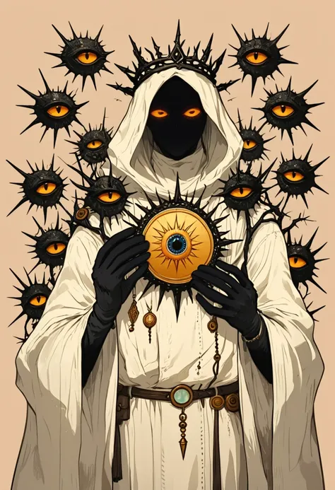 wearing white robes and black gloves and holding a sun medallion in its hands, a hand-drawn illustration of an anthropomorphic c...