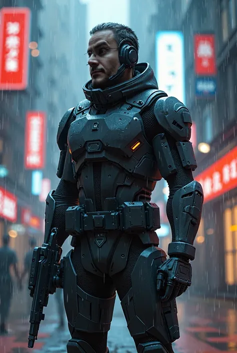 Awesome guy with futuristic military uniform and cyberpunk style. Mechanic body parts. Dramatic light raining futuristic city. Visible face