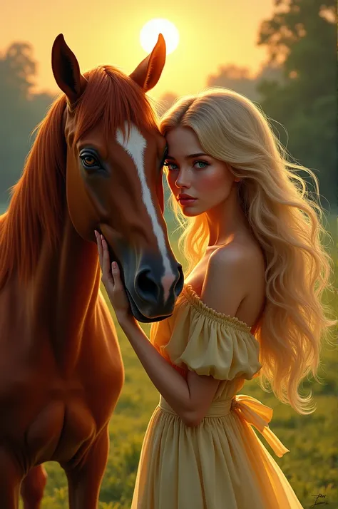 Illustration of a sunset in a green valley, In the background you can see a thick forest and in the foreground you can see a beautiful young woman, slim, Caucasian, sculptural body, blue eyes, long blonde loose wavy hair, dressed in a long pale yellow dres...