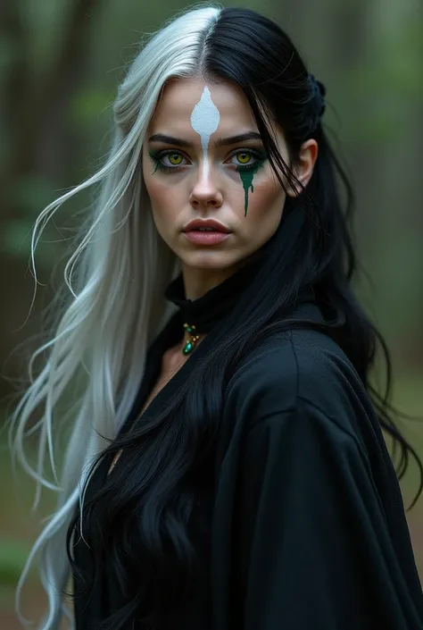 Girl with piebaldism, black and white hair with a streak of white hair and a white spot running across his face, realistic image.. high resolution image, woman in medieval clothes. black dress. 
Long hair below the hips. Um olho vetrde, a yellow eye. real ...