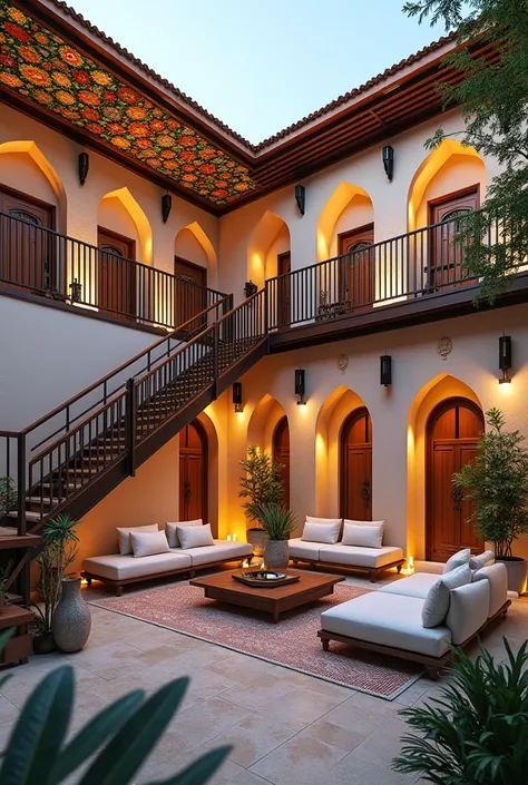 give a interior design of a patio of a hotel in Samarkand. The patio is 7x7 meters, square shape. In the corner it has L-shaped stairs to go upstairs.. on the second floor, over the patio there is a terrace.

The roof has colorful wooden decoration.give a ...