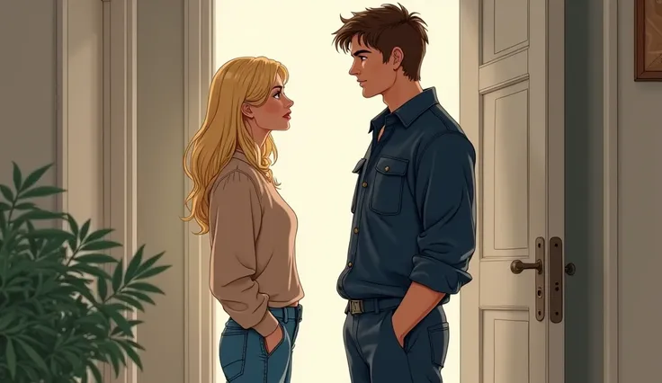 a blonde woman in casual clothes standing in a hallway walking and looking at a handsome young guy with strong straight brown hair in dark blue work clothes from the back and a potted plant on the side in a modest apartment. drawing format