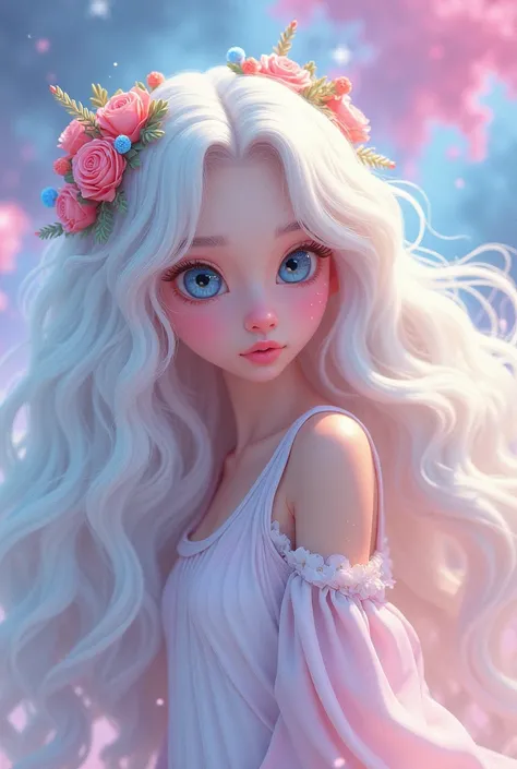 AI, animated movie ,Cyberpunk setting,Beautiful , 흰색 풍성한 곱슬 긴머리 의 girl , 미girl ,girl ,light black eyes, White Goddess Clothing Style , Wearing a colorful pastel-colored wreath on her head , I&#39;m writing,Pastel colored wreath, Dreamy인 배경,Mysteriousness, ...