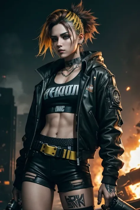 Cyberpunk, Woman in late twenties, fit and athletic, punk clothing, punk aesthetic, singed hair, soot covered, hair singed and smoking from an explosion, cigarette, clothing has yellow detail, brown hair with yellow dyed highlights in hair, several grenade...