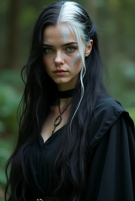 Girl with piebaldism, black and white hair with a streak of white hair and a white spot running across his face, realistic image.. high resolution image, woman in medieval clothes. black dress. 
Long hair below the hips. Um olho vetrde, a yellow eye. real ...