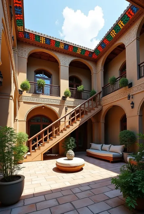 give a interior design of a patio of a hotel in Samarkand. The patio is 7x7 meters, square shape. In the corner it has L-shaped stairs to go upstairs.. on the second floor, over the patio there is a terrace.

The roof has colorful wooden decoration.give a ...