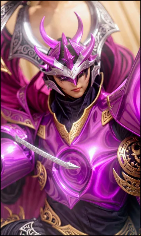 a close up of a purple and black character with a sword, heise jinyao, sharp silver armor fuchsia skin, fuchsia skin beneath the armor, inspired by Huang Shen, thertrevkaiser, shining pink armor, gold paladin, fuchsia skin below the armor, inspired by Shen...