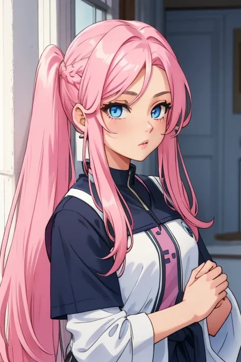 girl 2 pink hair extremely long hair and light blue eyes hair parted in the middle different hairstyle pigtail hair extremely long hair extremely beautiful face