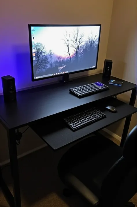 Gaming desk setup with using notebook instead of computer and use monitor to connect with notebook i have 2 stand of motinor stand 1 with notebook and 1 with monitor everything on the desk is black my mouse my keyboard my monitor stand my monitor and my no...