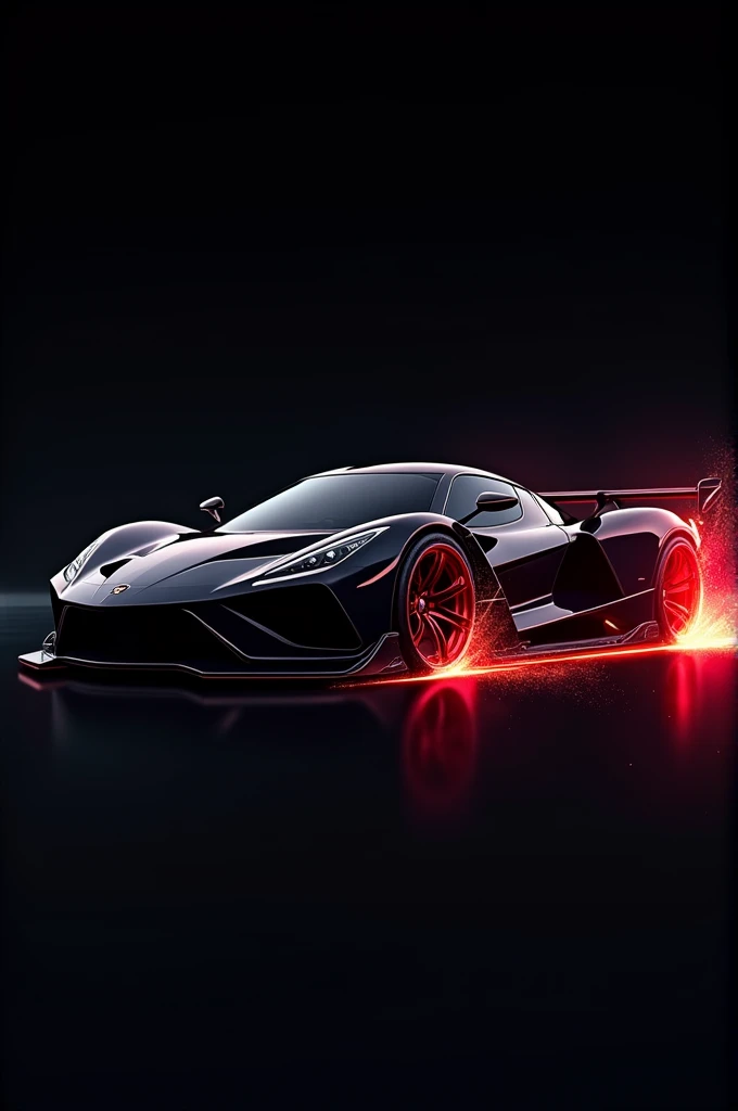 An anime super car in black background, side view,red fire like sparkle coming out from its wheels