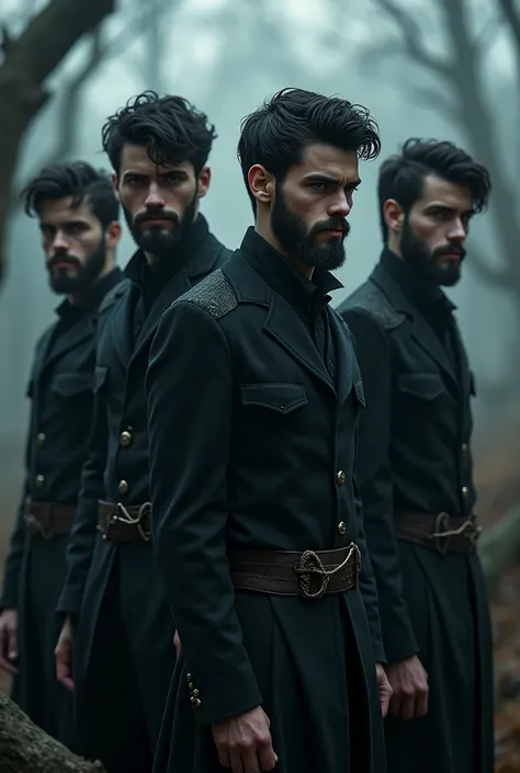 Teenage men, tall, with black hair and hazel eyes and very pale skin, with beard. Dark Fantasy