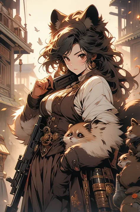 1girl, steampunk, tanuki, large gun