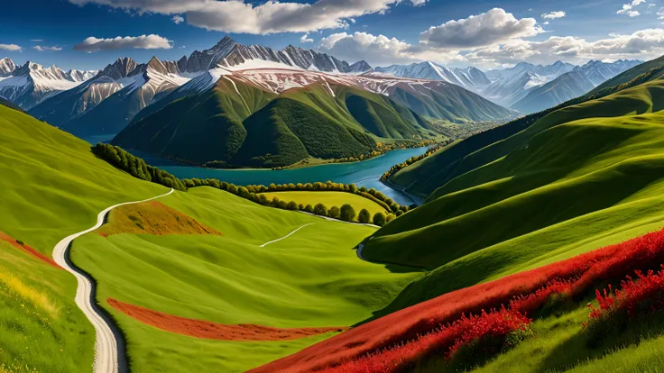 An ultra-high-definition, realistic image of the rolling hills in the Alps, stretching endlessly across the landscape. The grassy hills are rich in detail, with diverse green leaves and vibrant grass. Scattered across the hills are yellow, red, and purple ...