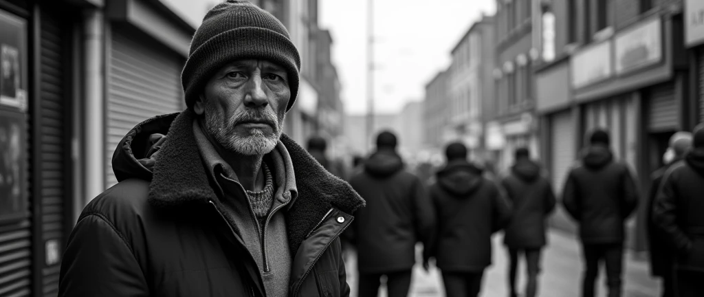 a street scene in birmingham,uk by vanley burke,documentary photography,high contrast black and white photography,gritty urban environment,people on the street,detailed facial features,natural lighting,atmospheric mood,strong shadows,high level of detail,c...