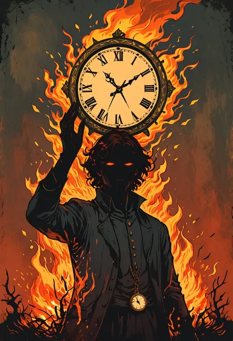 a man with his head on fire, holding up the hands of an old clock in front of him, vintage tarot card illustration, dark and moo...