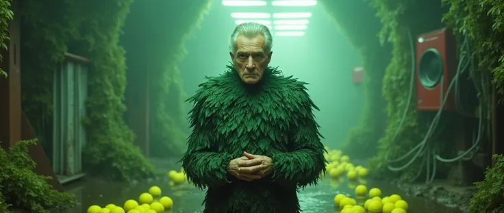 vintage photography of a slender old man as a ((binary blade bouncer)) with ((quiff haircut)) wearing (clothes made entirely of feathers),  dressed in green camouflage hunting outfit,  stage structures,  greenery,  daytime,  speakers,  cables,  yellow tenn...