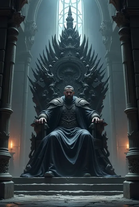  Huge dark and ominous castle inside, an iron throne, sharp and heavy, It is occupied by a king who represents the patriarchy