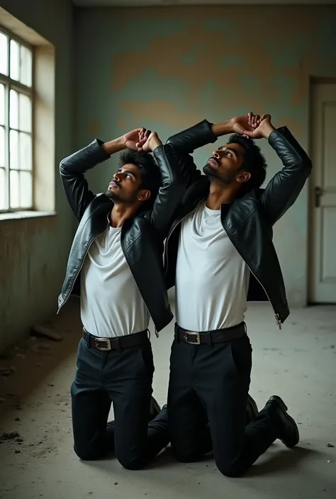 Side view of two 20 year old indian young males wearing long sleeve white shirt black trousers and fasionable buckle belt leather jacket kneeling in a abandoned  house and putting their hands streched high up above their hands boys are feeling tired