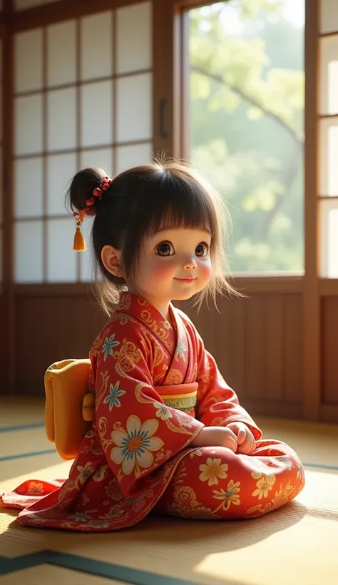 A realistic, 1young girl(about 3-years old) , dressed in a vibrant kimono, sit upright on a tatami mat in a traditional Japanese room. She is looking directly at the viewer with a friendly smile, as if telling a story. Soft natural light illuminates the ro...