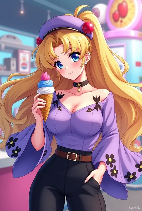 Serena ( sailor moon) a woman with long blonde hair down to her hips tied in two odangos-style pigtails..blue eyes beautiful body, big busts wasp waist... Dressed in flared black pants, Lilac blouse with black flowers, long flared sleeves, wearing a big ca...