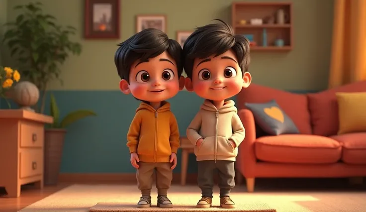 A scene of two brothers, Arif and Tariq, around 7-, standing together with cheerful expressions in a cozy home.3d animation, disney inspired