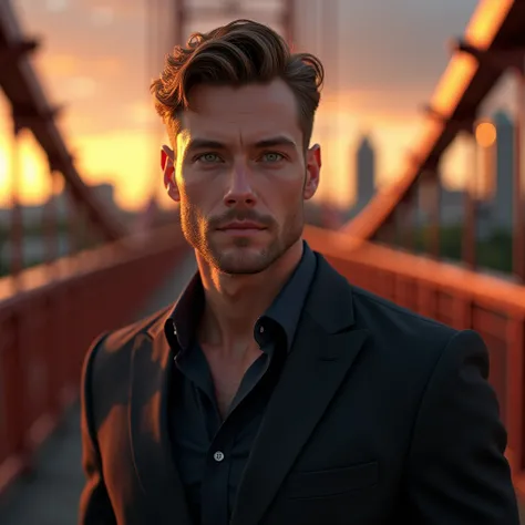 a handsome caucasian man, medium length light brown hair, trimmed sides, no facial hair, intriguing green eyes, tall and fit, athletic physique, seductive smile with confident expression, wearing a gray suit and white shirt, standing on the Roebling Bridge...