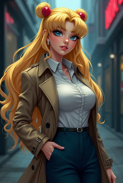 Serena ( sailor moon) a woman with long blonde hair down to her hips tied in two odangos-style pigtails..blue eyes beautiful body, big busts wasp waist...wearing private detrctive clothing 