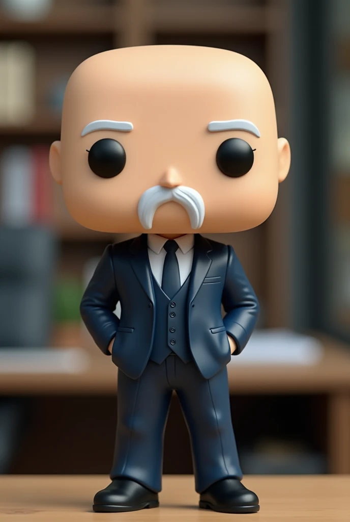 Funkopop model of a bald white man, with the white goatee, wearing a dark blue suit, with white shirt and dark blue tie, and in the background an office room