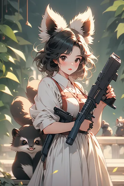 1girl, maid, tanuki girl, huge gun