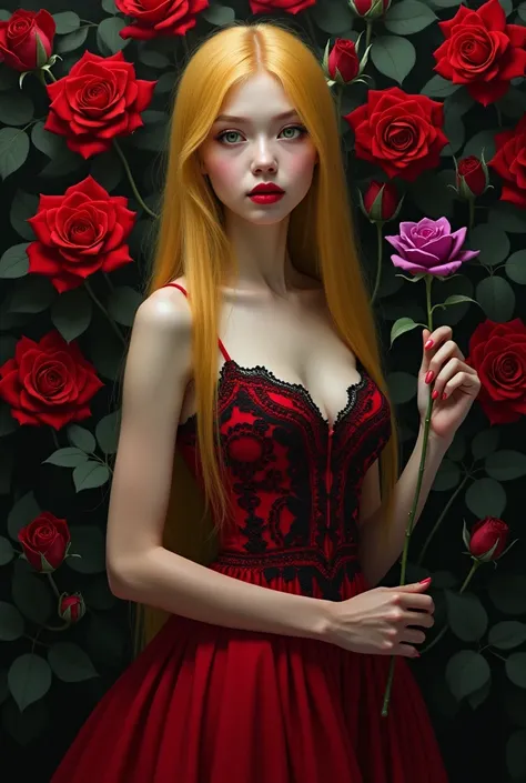 A girl with green eyes, red lips, long, straight, yellow hair, purple rose, waist 40, long red crochet dress with black flowers, on the dress, sea of red and black roses background 