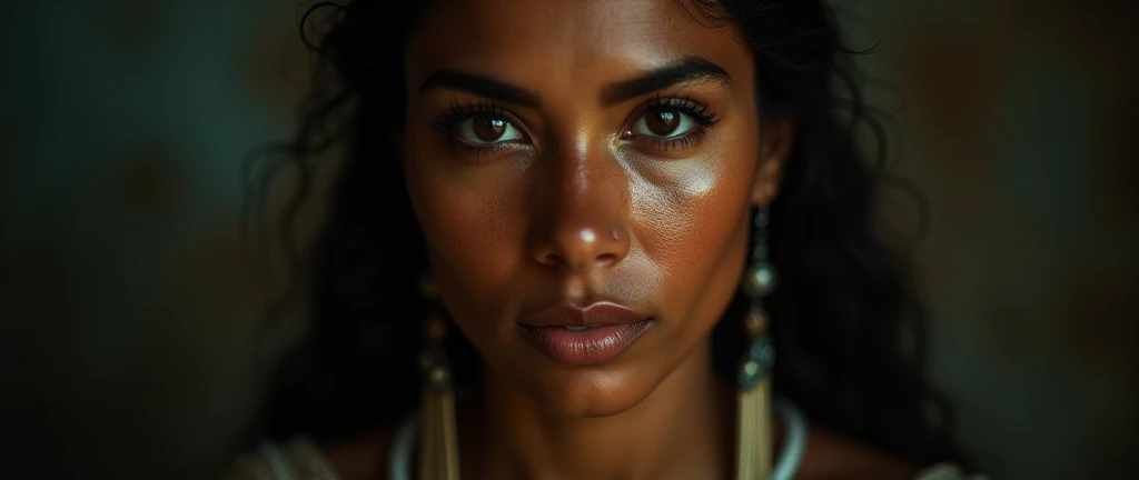 a dramatic portrait of an indigenous woman, extremely detailed, high contrast lighting, chiaroscuro, dramatic shadows, beautiful detailed eyes, beautiful detailed lips, extremely detailed face, long eyelashes, strong emotion, introspective expression, warm...