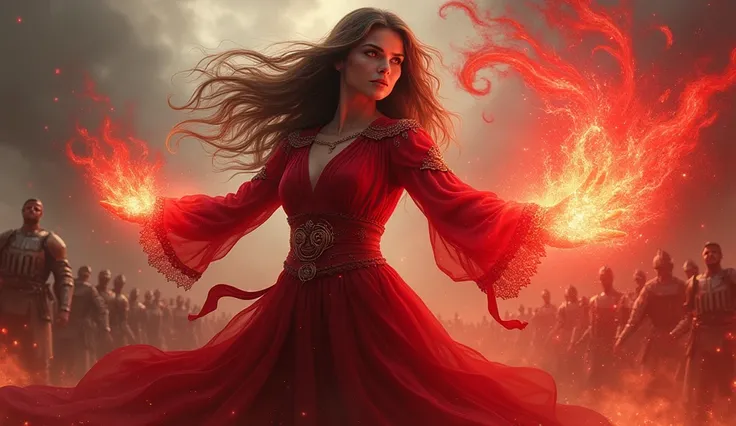 a beautiful angry woman with long brown hair, red eyes, long red dress, emanating red energy, using magic to blow away medieval soldiers, detailed face, photorealistic, cinematic lighting, epic fantasy, highly detailed, digital painting, master artwork, vi...