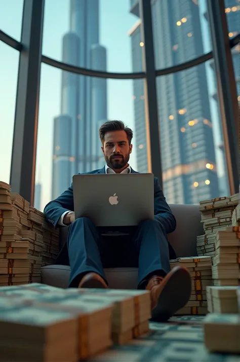 Sitting on money in front of two MacBook pro while trading in front of burz khalifa