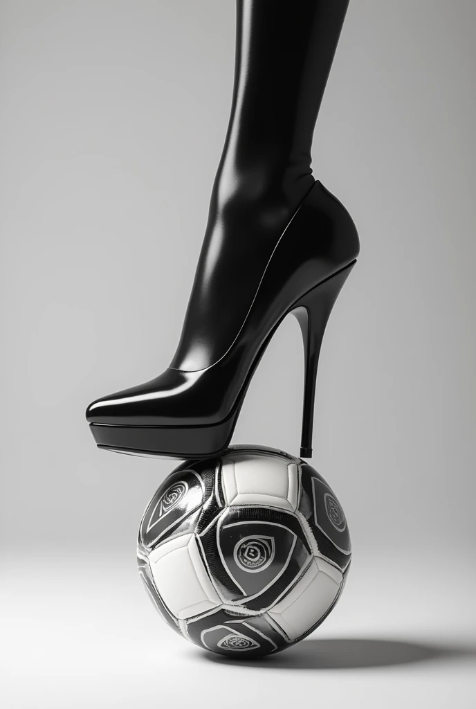  Just the foot in black high heels stepping on the soccer ball in the shape of a logo design 